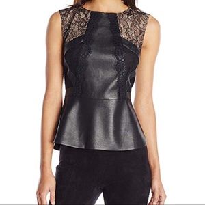 BCBG Maxazria Laine lace faux leather Peplum top